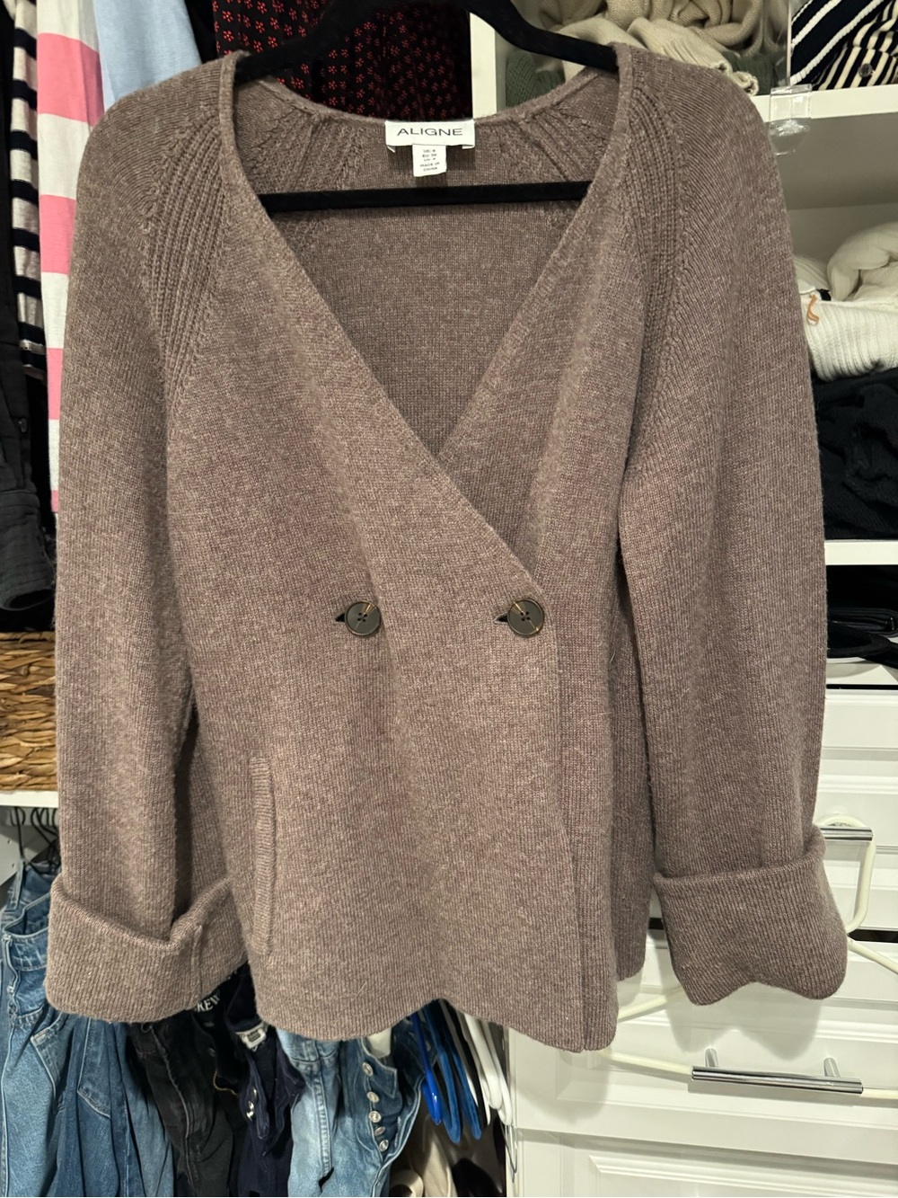 A.L.C. Aligne Mauve Double-Breasted V-Neck Sweater Cardigan